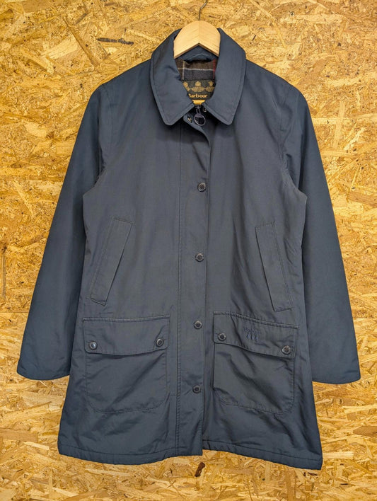Barbour Brisk Jacket UK 10 Women Longline Navy Blue Tartan Waterproof Mac Coat
