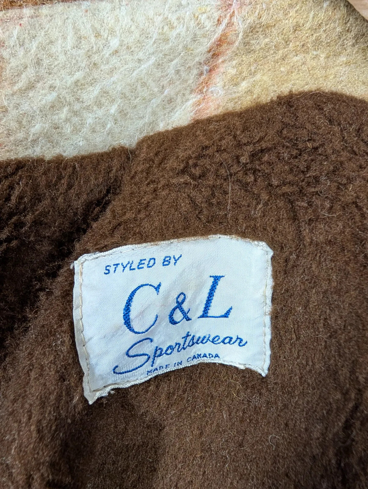 Vintage Styled By C&L Sportwear Jacket Large Brown Orange Wool Plaid Canada 70s