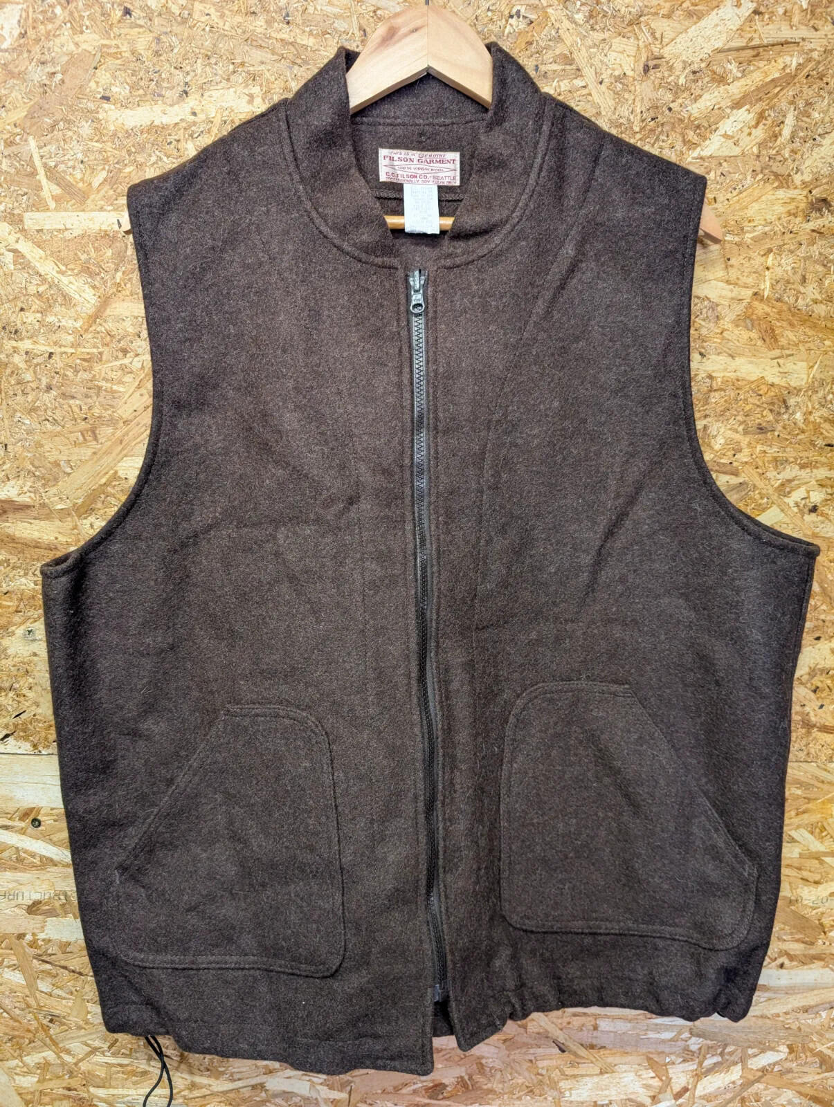 Filson Mackinaw Wool Vest Mens XL Brown Grey Zip Front Liner Gilet Body Warmer