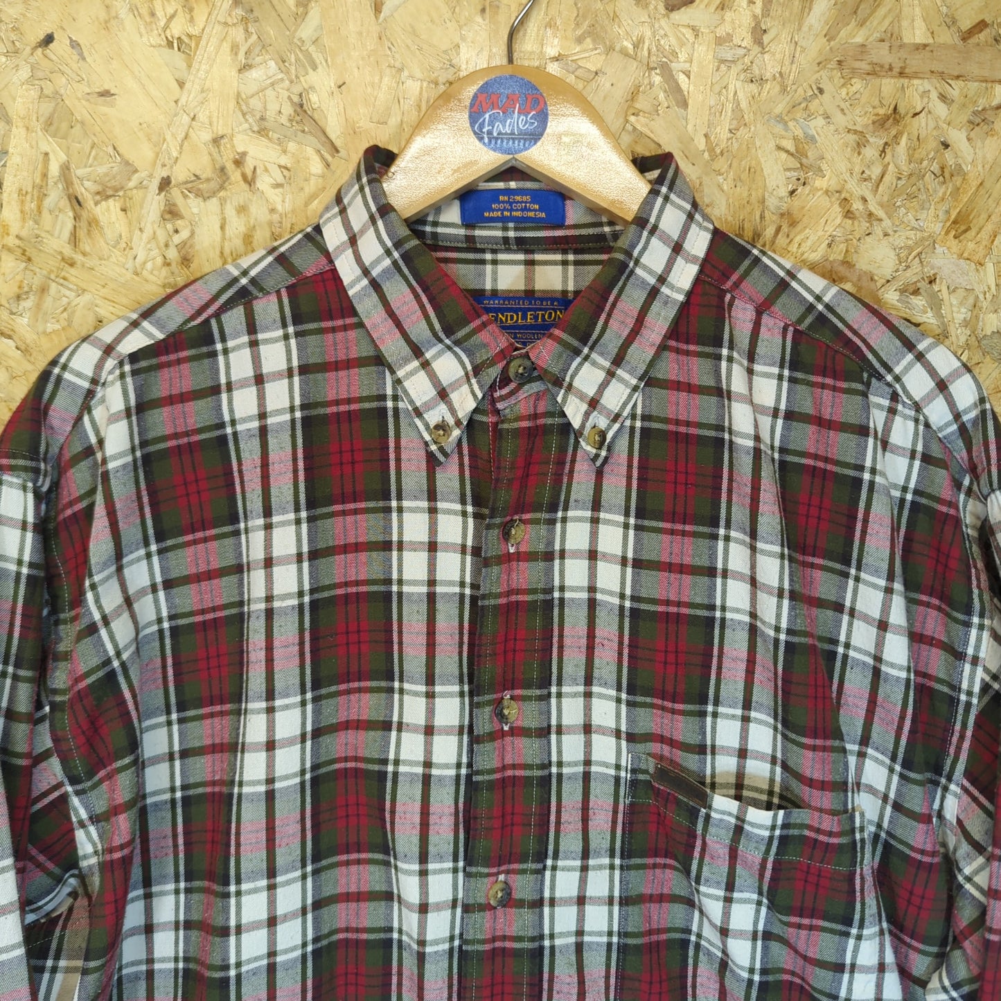 Pendleton USA Vintage 90s Heavy Cotton Shirt Check Plaid Red Green Cream Large