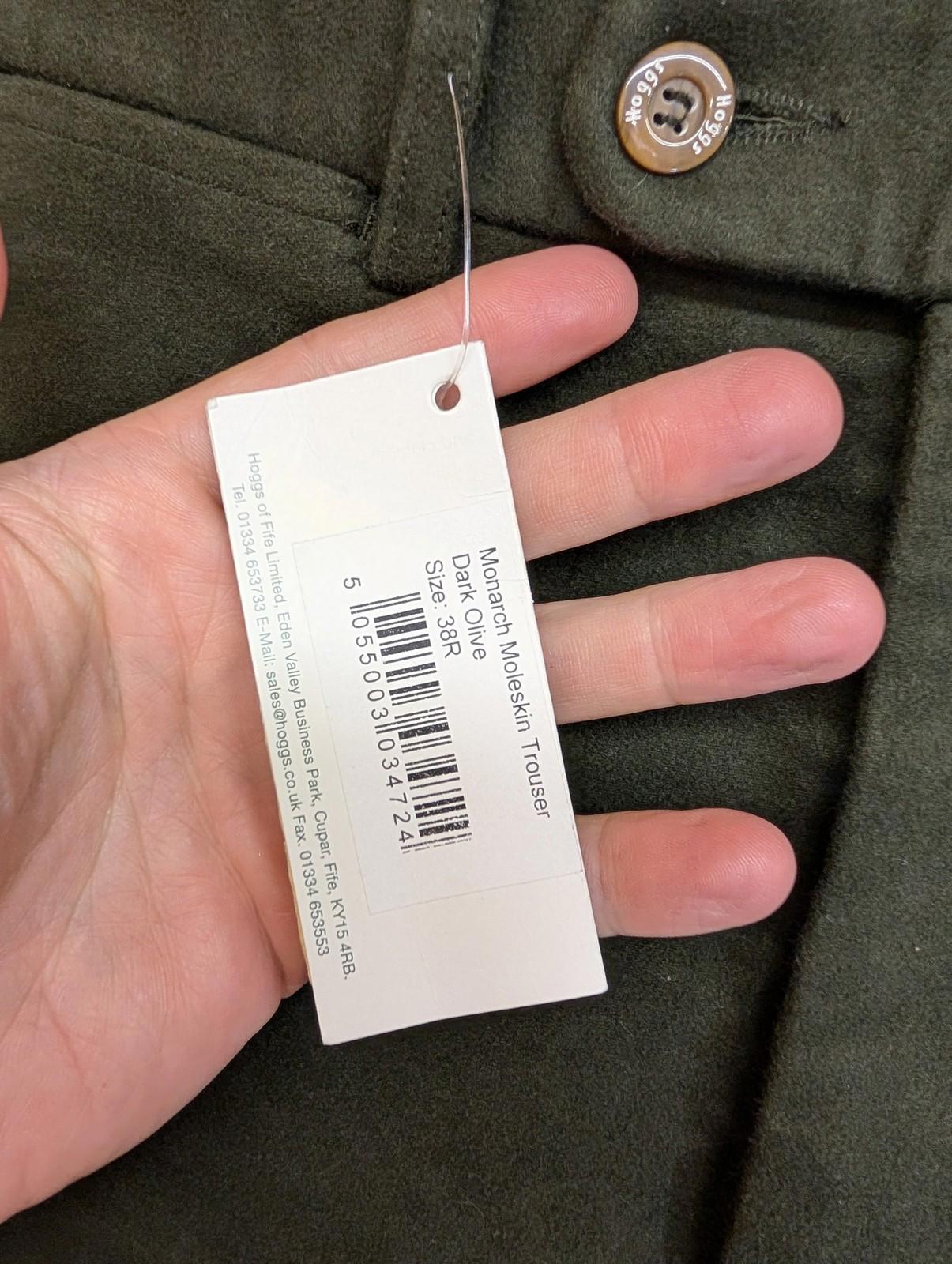 Hoggs Monarch Trousers Mens W38 L31 Moleskin Olive Green Relaxed Fit Brushed Cotton