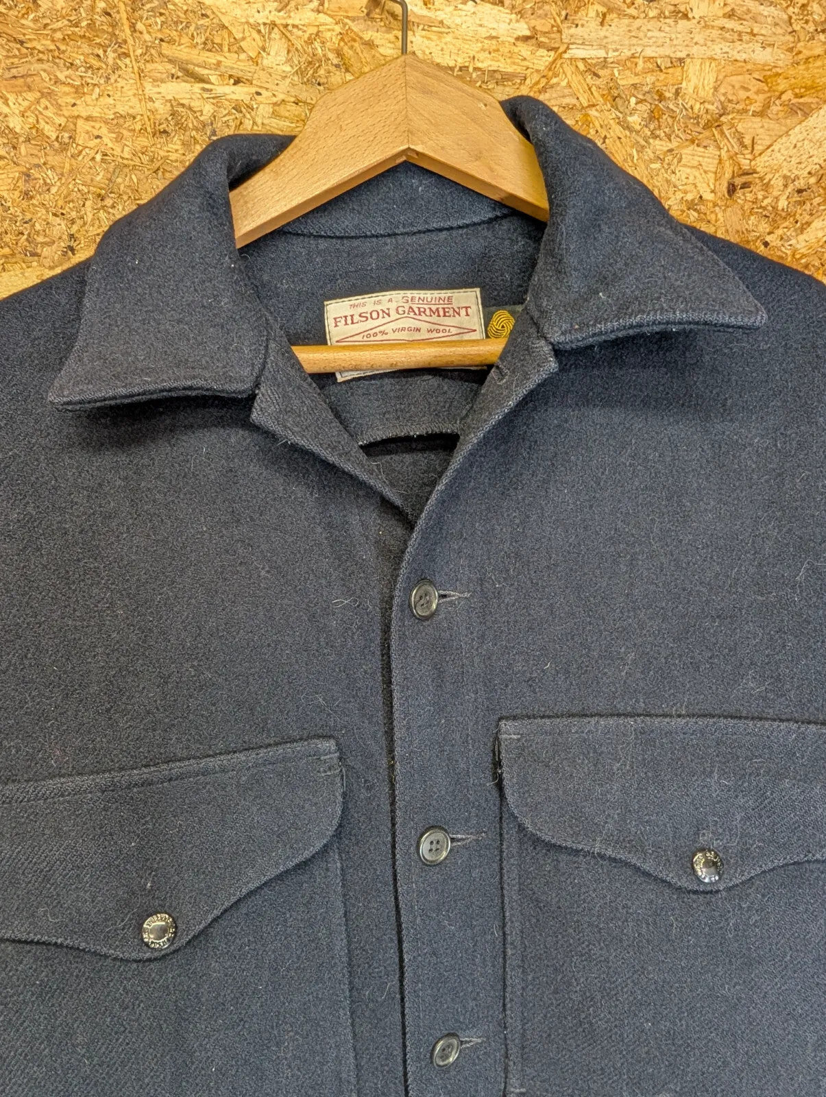 Filson Mackinaw Wool Cruiser Jacket Mens XL 44 Navy Blue USA Elbow Pads Vintage