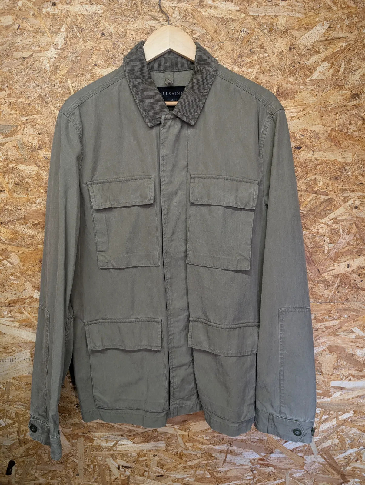 All saints Shirt Chore Jacket Mens Large Olive Green Cotton Ribbed Cord Collar