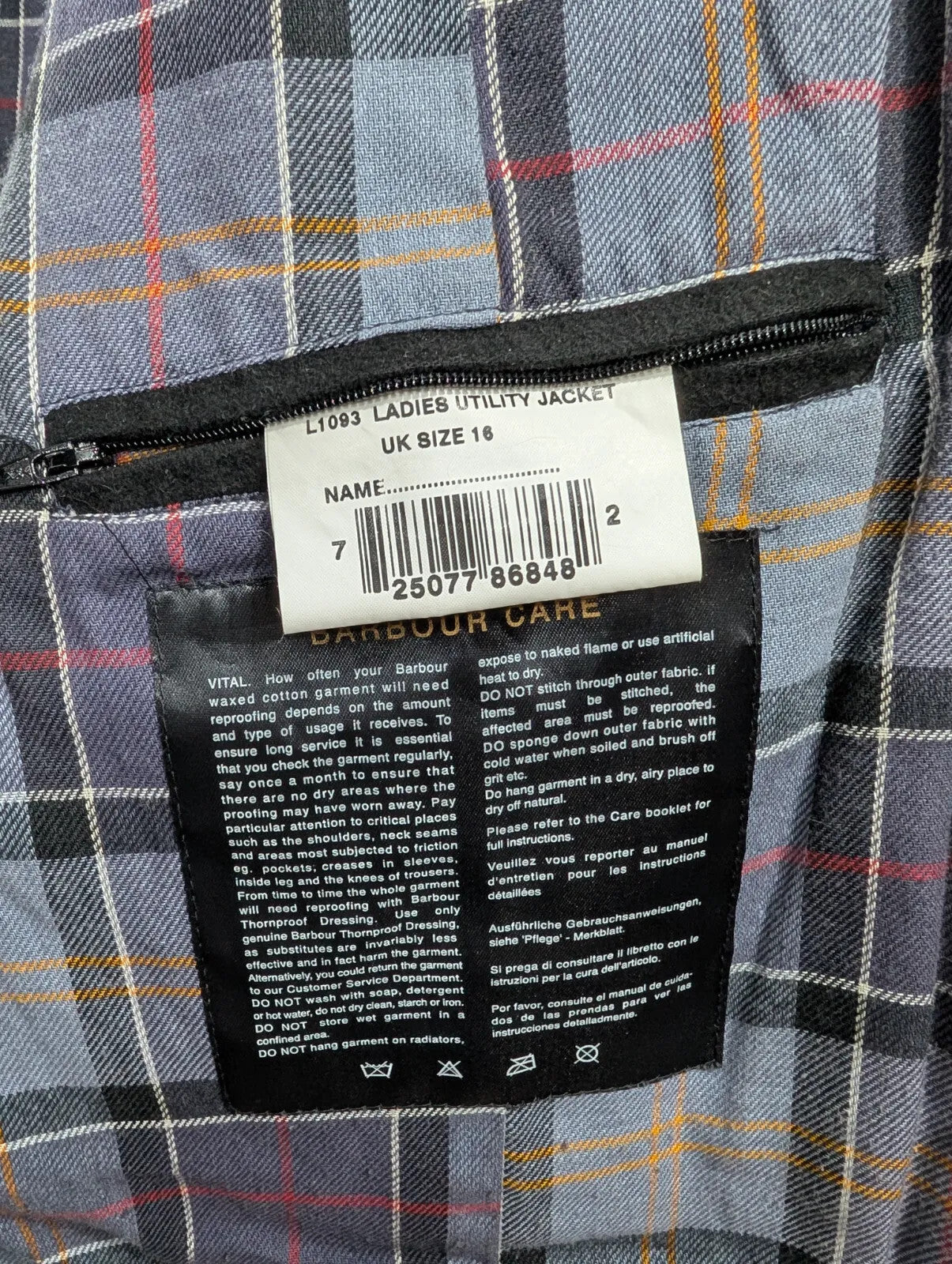 Barbour Utility Jacket Womens UK16 Black Waxed Cotton Plaid Waterproof Pockets