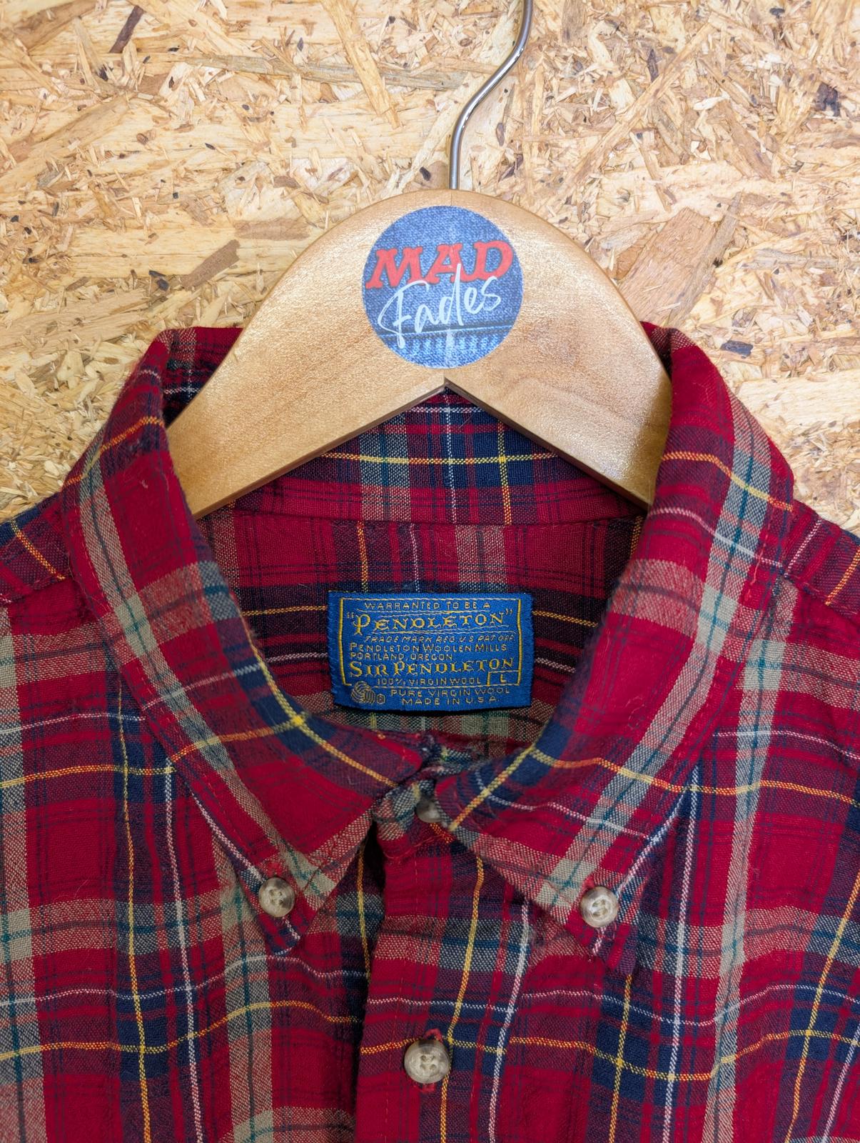 Pendleton Shirt Large Red Navy Blue Beige Check Plaid Wool Made In USA Vintage