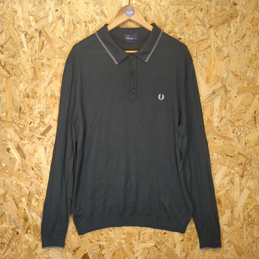 Fred Perry Merino Wool Long Sleeve Polo Shirt Jumper British Racing Green 2XL