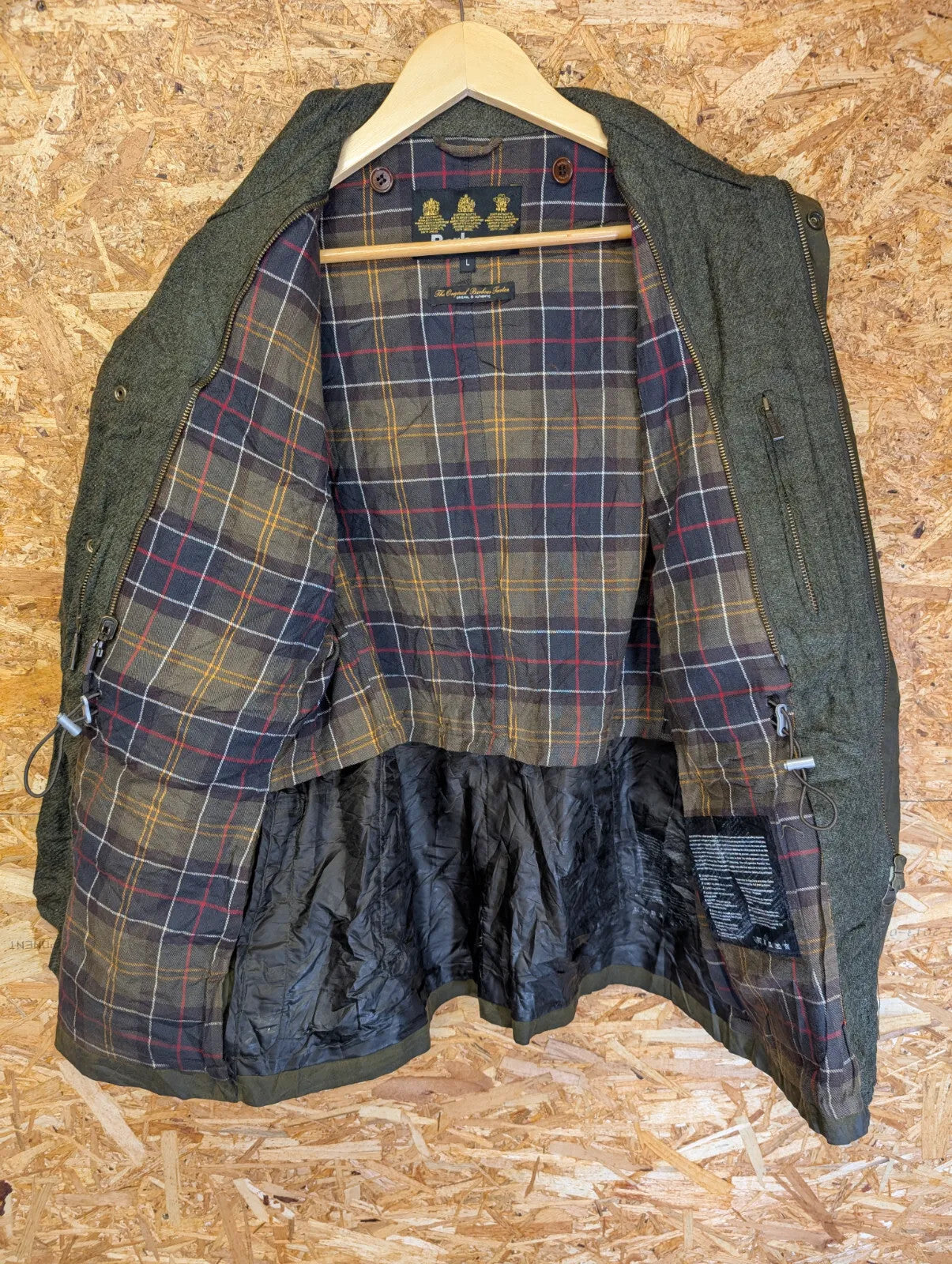 Barbour Hidcote Wax Jacket Mens Large Olive Green Cotton Tartan Tweed Wool