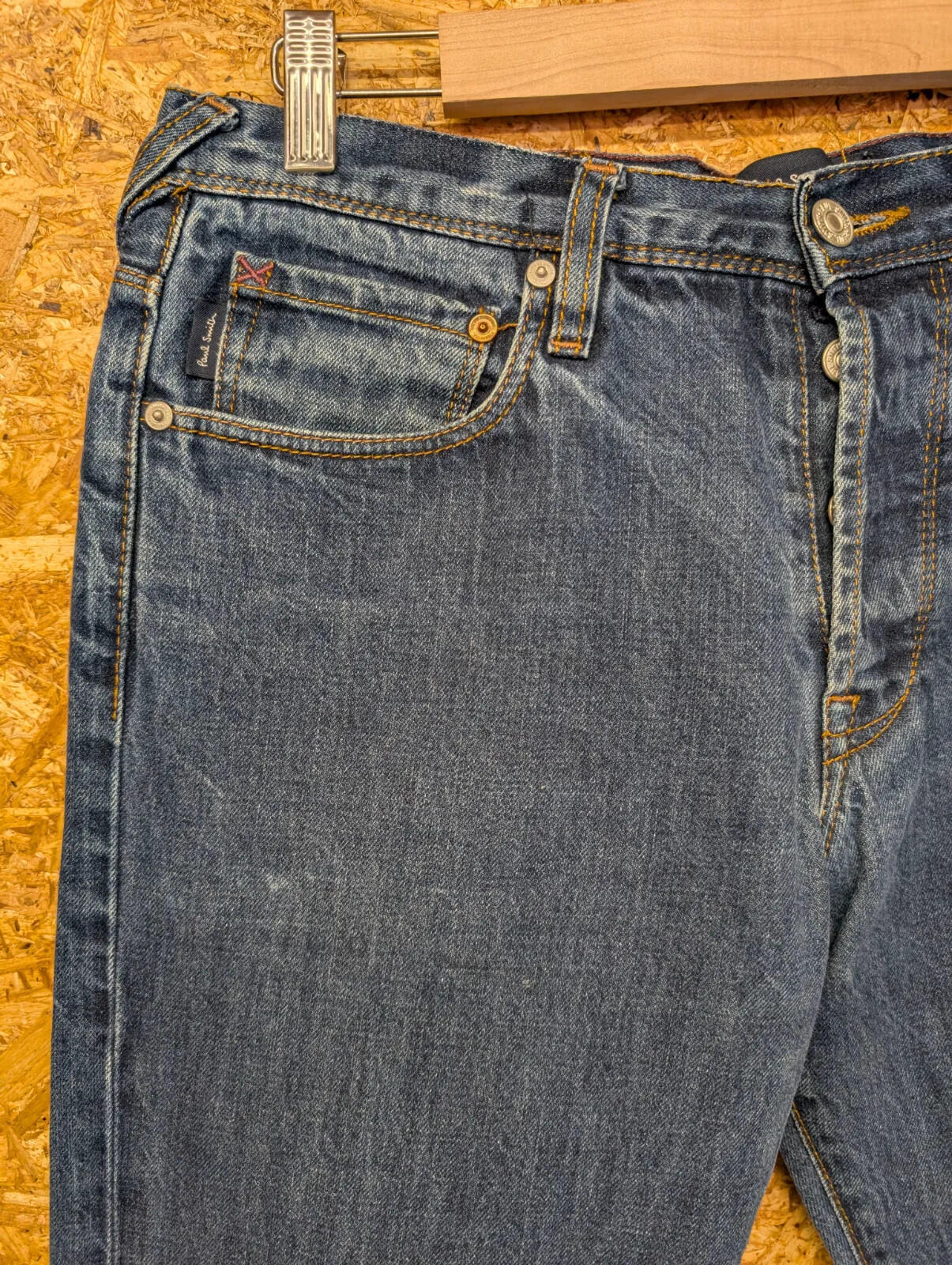 Paul Smith Jeans Mens W32 L34 Blue Denim Slim Straight 400M Button Leather Patch