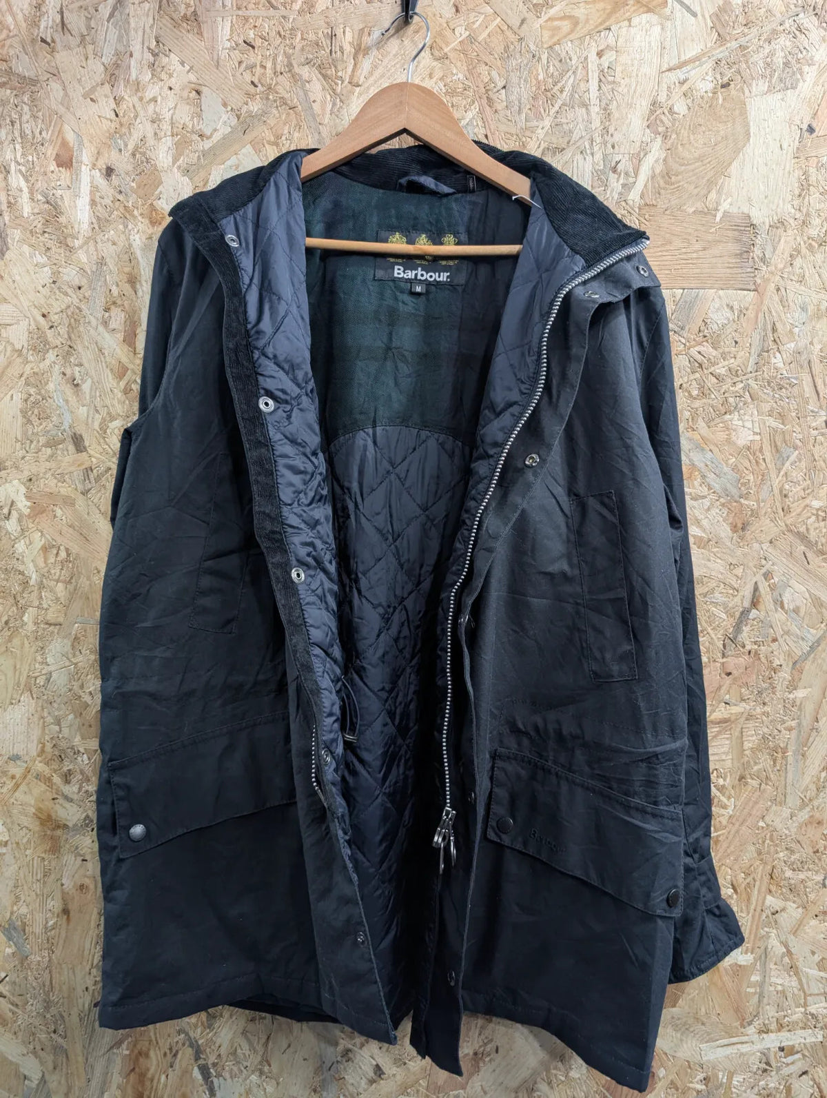 Barbour Gailey Wax Jacket Men Medium Navy Blue Waxed Cotton Padded Cord Collar