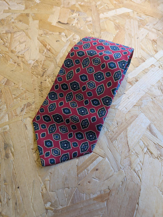 Aquascutum Silk Tie 58" 148cm Made In England Burgundy Red Gold Pattern