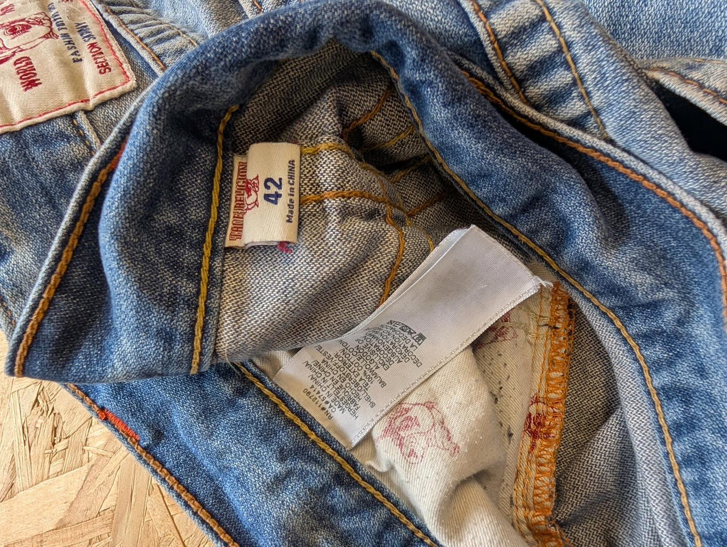 True Religion Jeans W42 L34 USA Made Stonewash Blue Distress Vintage 90s Slim