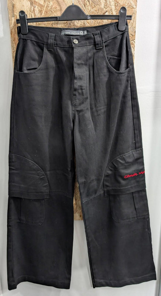 Criminal Damage Size W30 L32 Board Wear Trousers Cargo Black Baggy Wide Goth Y2K