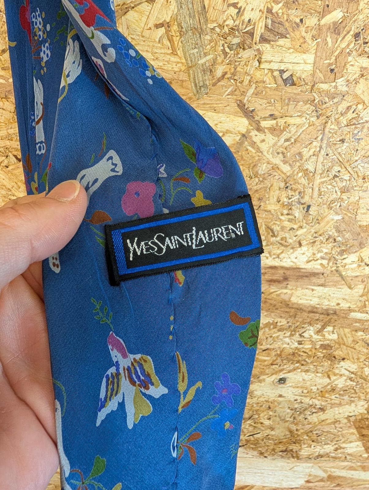 Yves Saint Laurent Silk Tie 62" 158cm Made In Italy Blue Floral Pattern YSL