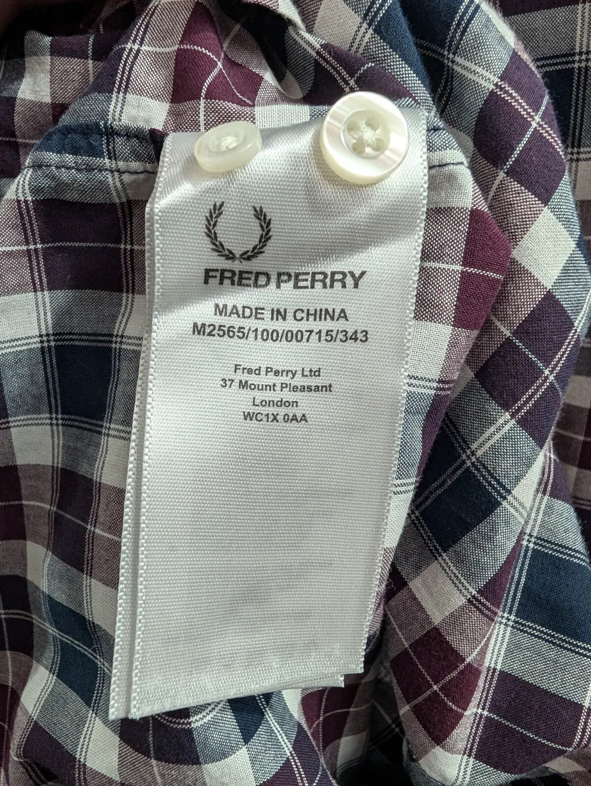 Fred Perry Shirt Men Medium Navy Burgundy White Check L/S Button Down Collar