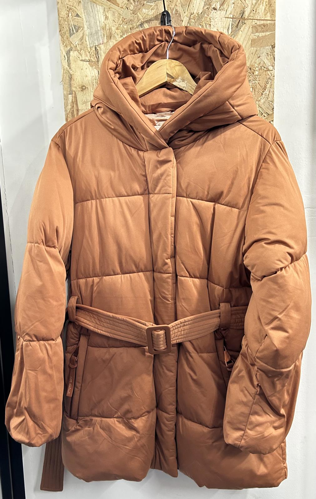 Avec Les Filles Womens Large Orange Puffa Jacket Hip Length Padded Belted Coat