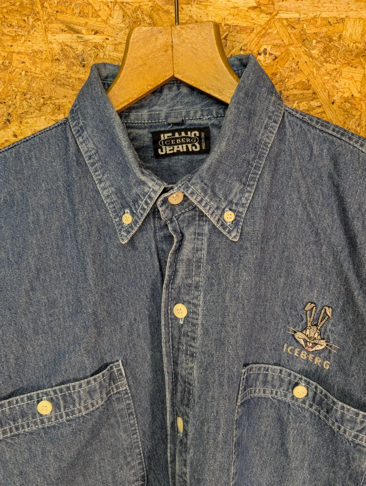 Vintage Iceberg Jeans Shirt Mens XL Blue Denim Short Sleeve Embroidered 90s