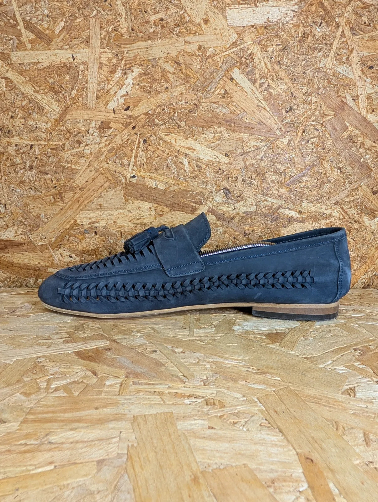 Dune London Badgers Slip On Loafers Mens UK 11 Navy Blue Leather Tassel Woven