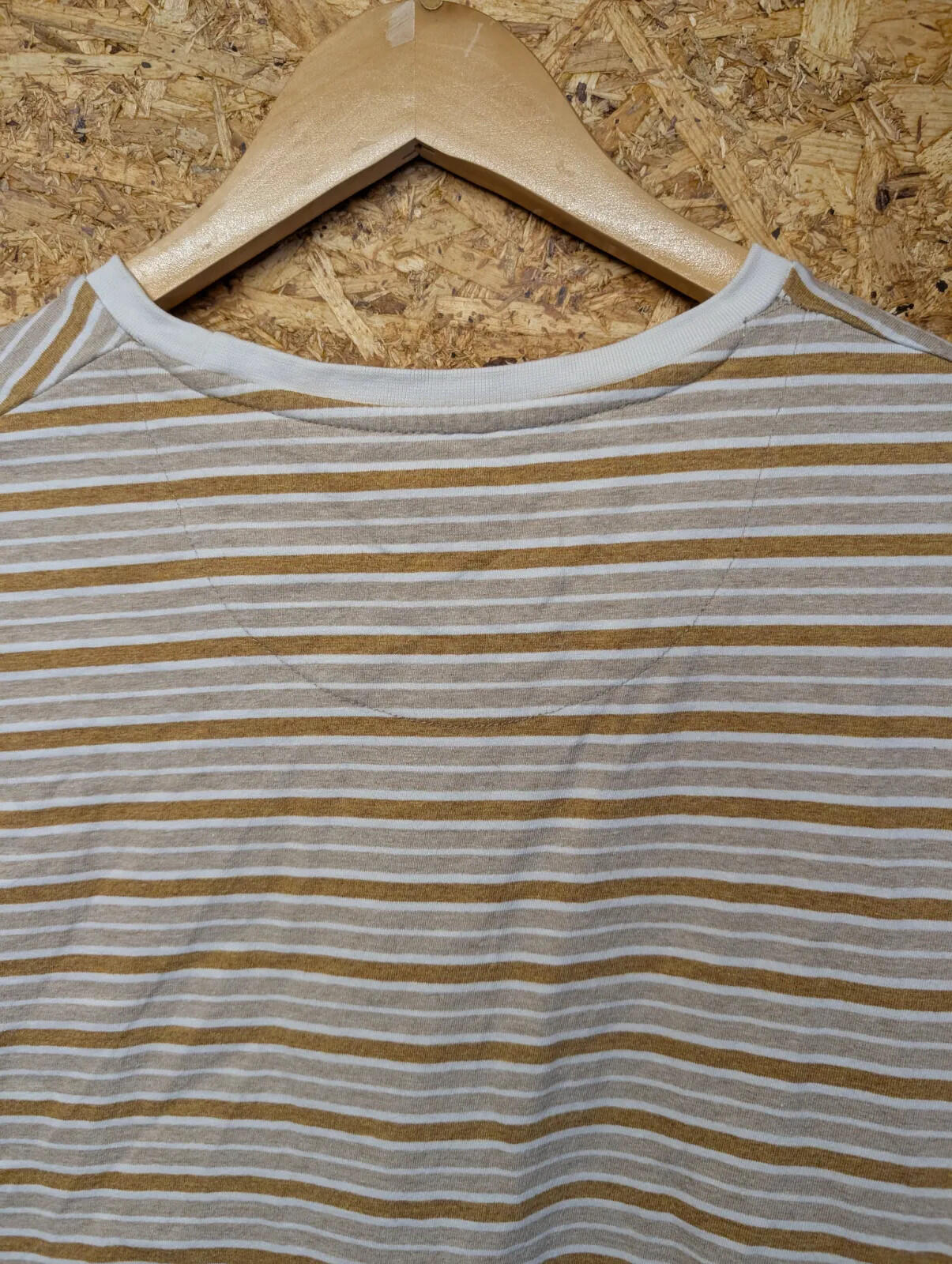 Folk Clothing Crew Neck T-Shirt Large White Beige Mustard Stripe Short Sleeve