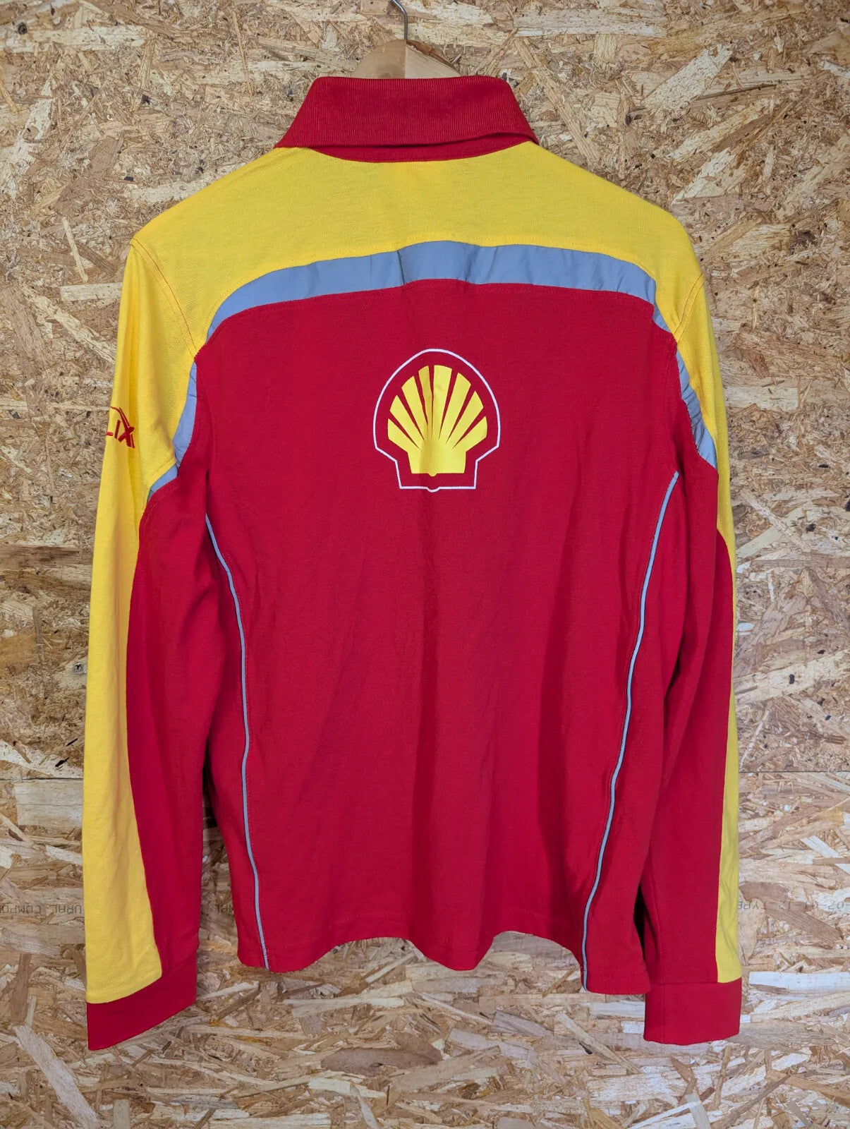 Ferrari Shell Long Sleeve Polo Shirt Mens Medium Red Yellow Cotton Reflective