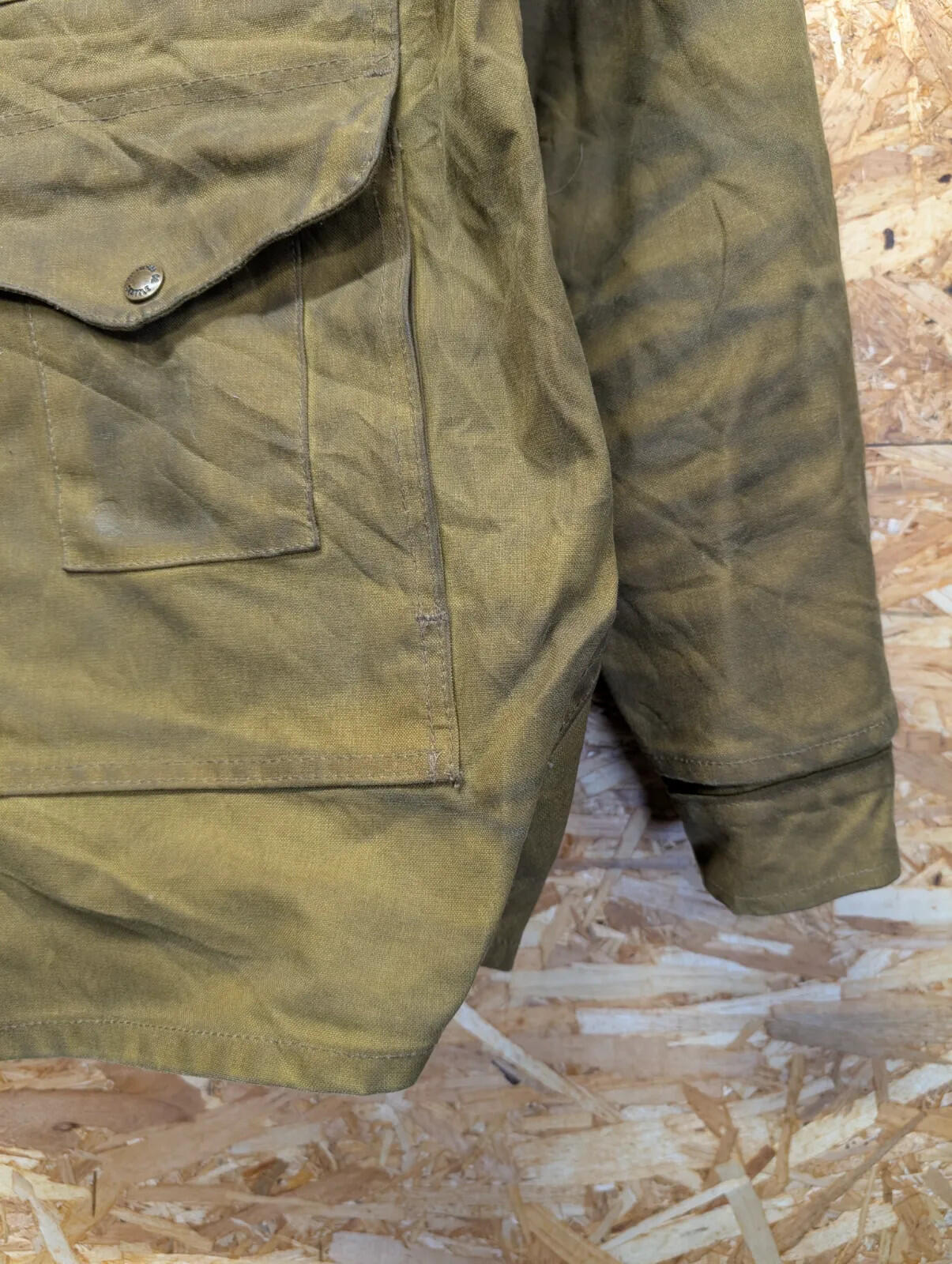 Filson Tin Cloth Cruiser Field Jacket Men Medium Long Brown Snap Double USA Tan