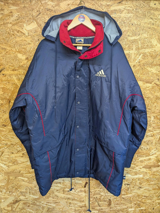 Adidas Parka Jacket Large Men Hooded Vintage 3-Stripes Navy Blue Red Padded Y2K