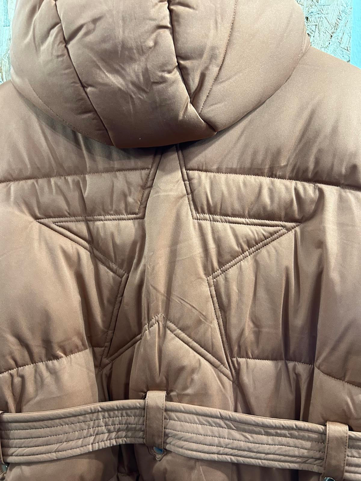 Avec Les Filles Womens Large Orange Puffa Jacket Hip Length Padded Belted Coat