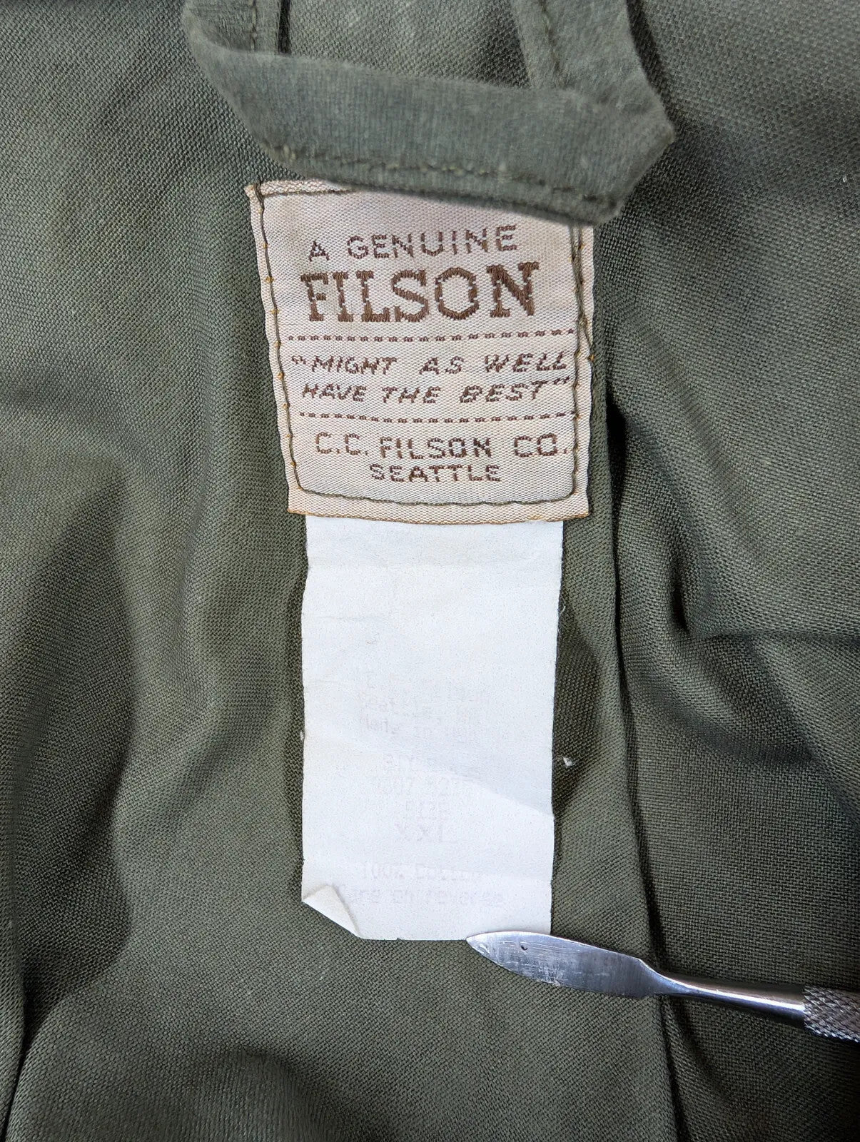 Filson Shelter Cloth Waterfowl Upland Coat Men XXL Khaki Green USA Style 435