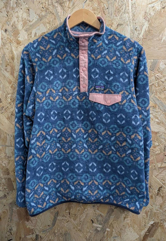 Patagonia Fleece Youth Age 16 XXL Women Blue Pink Snap-T Aztec Pattern Synchilla