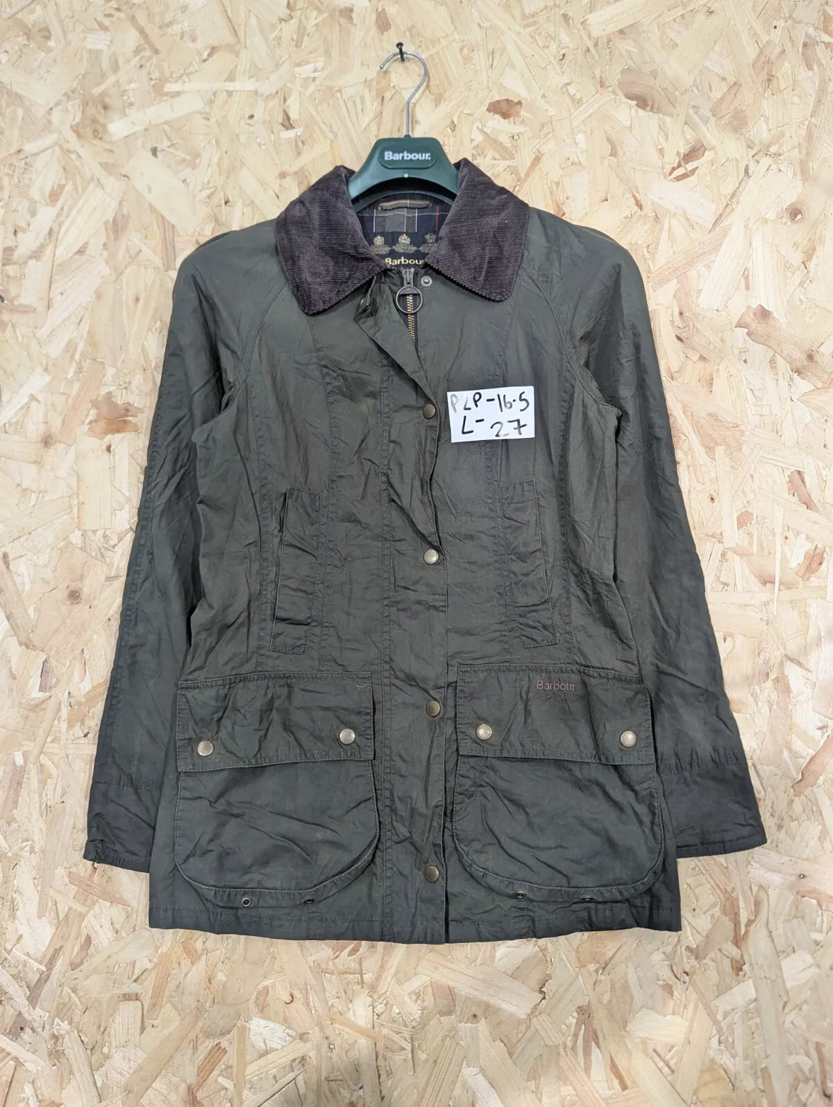 Barbour Beadnell Wax Jacket Womens UK6 Olive Green Cotton Tartan Cord Collar