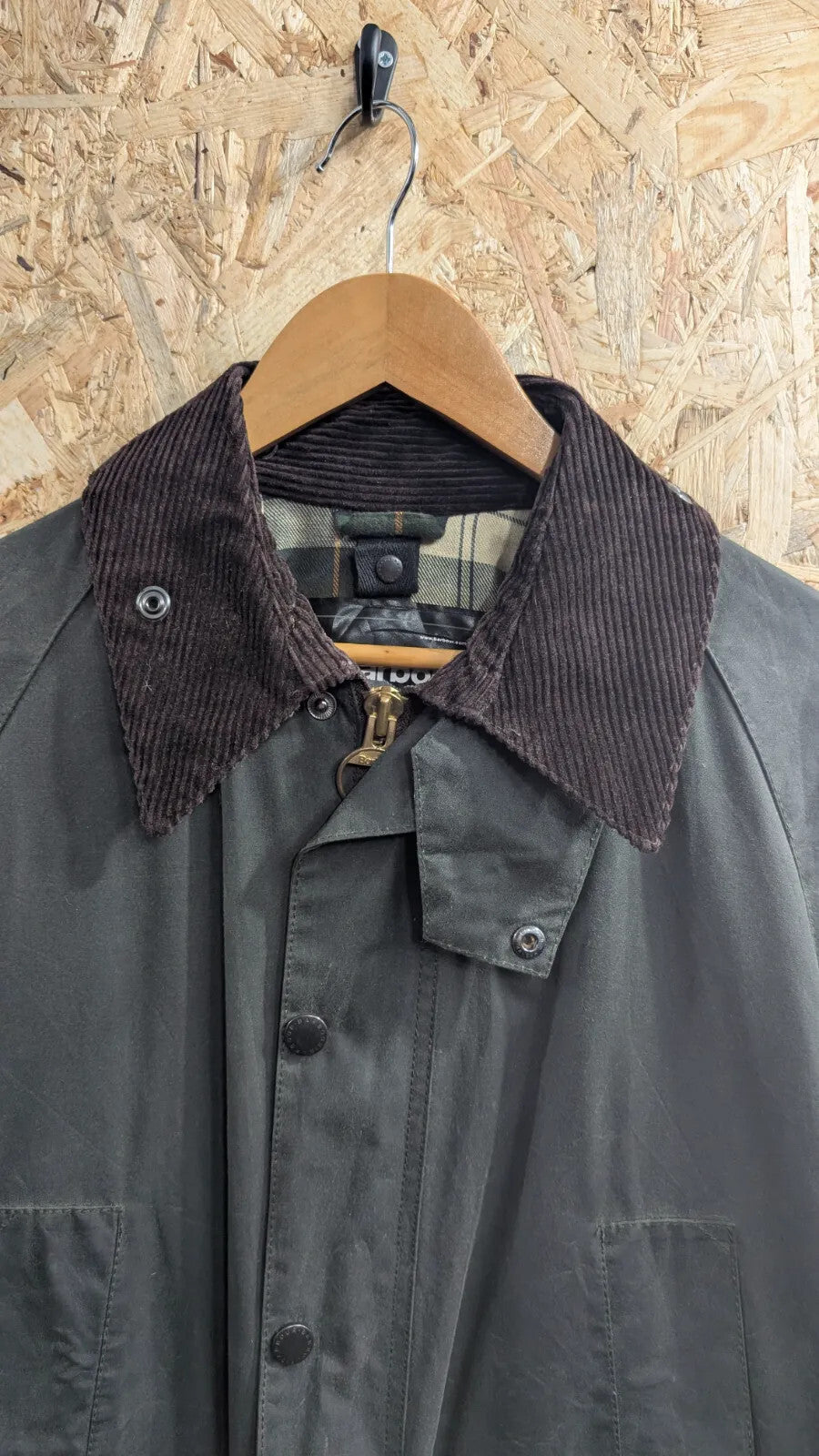 Barbour Bedale Wax Jacket Mens Medium C38 Dark Green Plaid Brown Corduroy Collar
