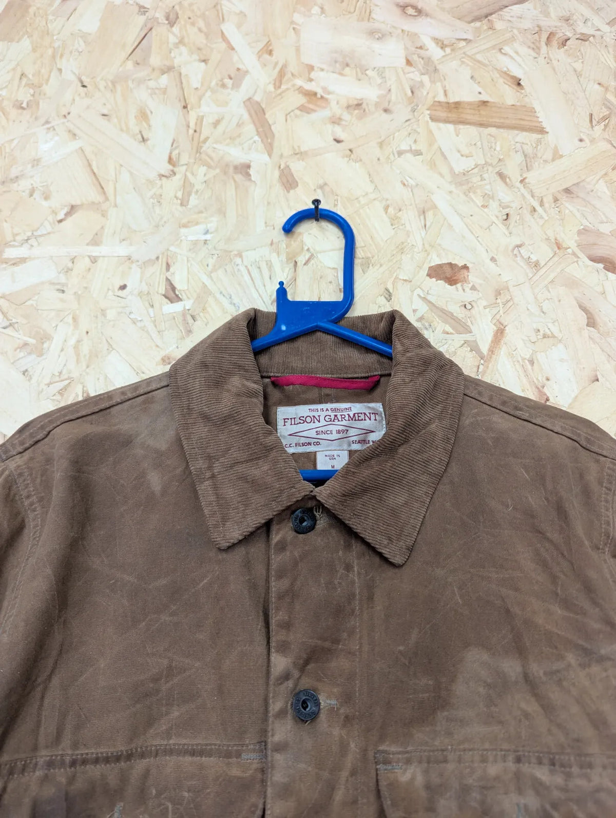 Filson Journeyman Jacket Mens Medium Waxed Brown Cord Collar Tin Cloth USA Made