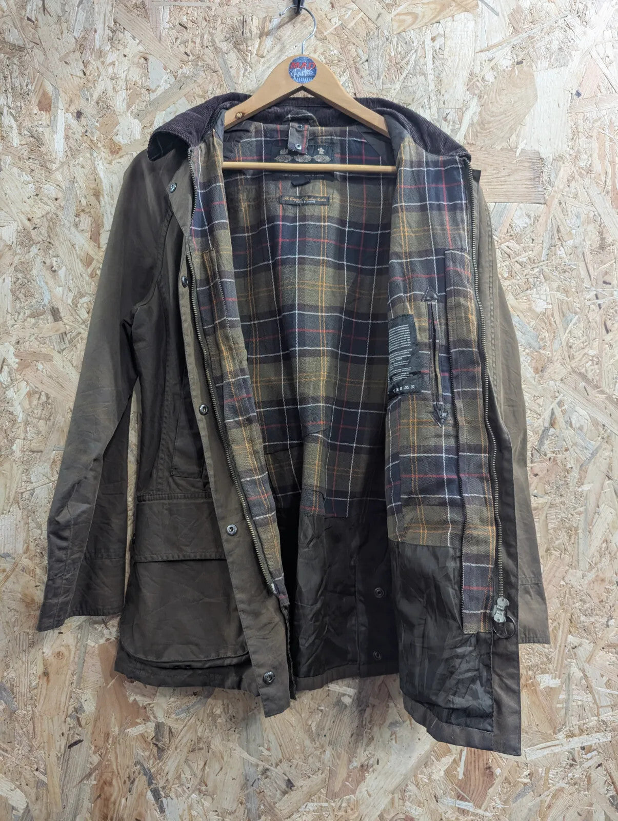 Barbour Classic Beadnell Waxed Jacket Womens UK14 Olive Green Tartan Brown Cord