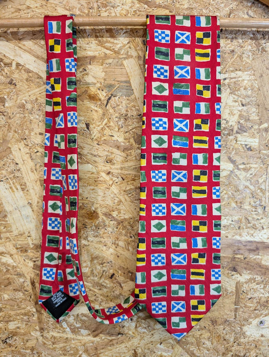 Hugo Boss Silk Tie 58" 148cm Made In Italy Red Nautical Flags Pattern