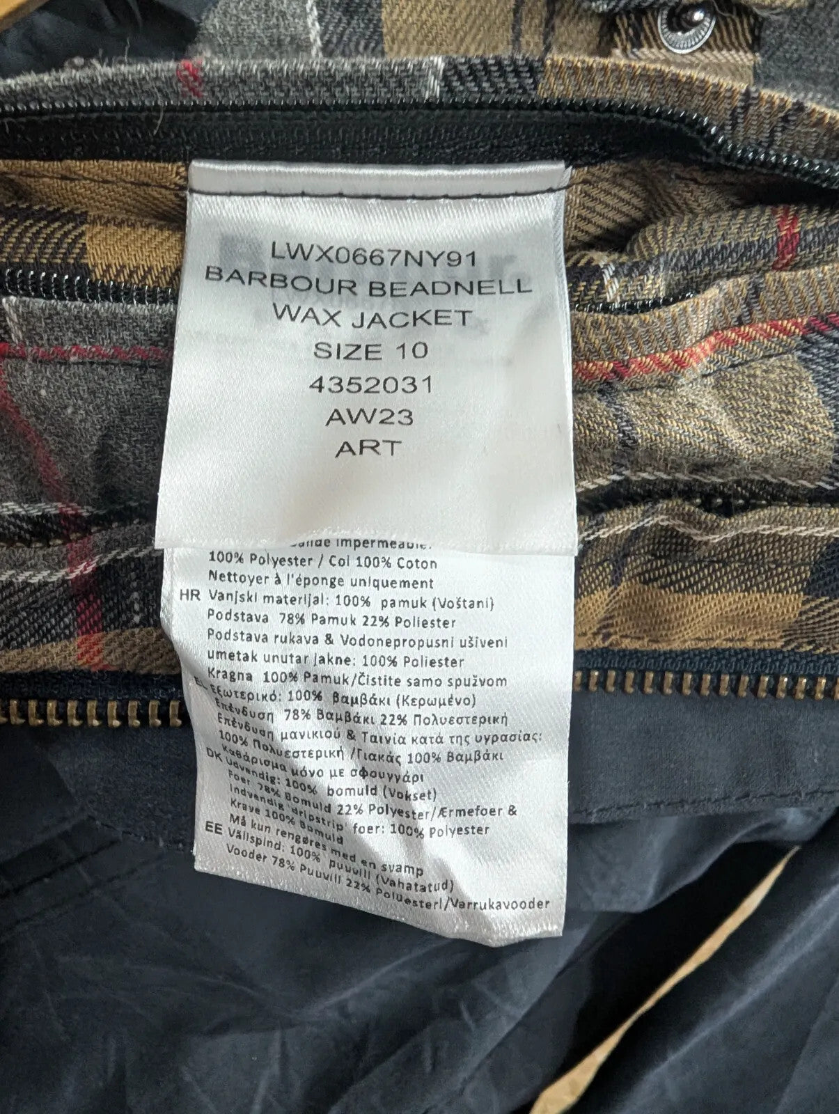 Barbour Beadnell Wax Jacket Womens UK10 Navy Blue Cotton Tartan Hooded Full Zip