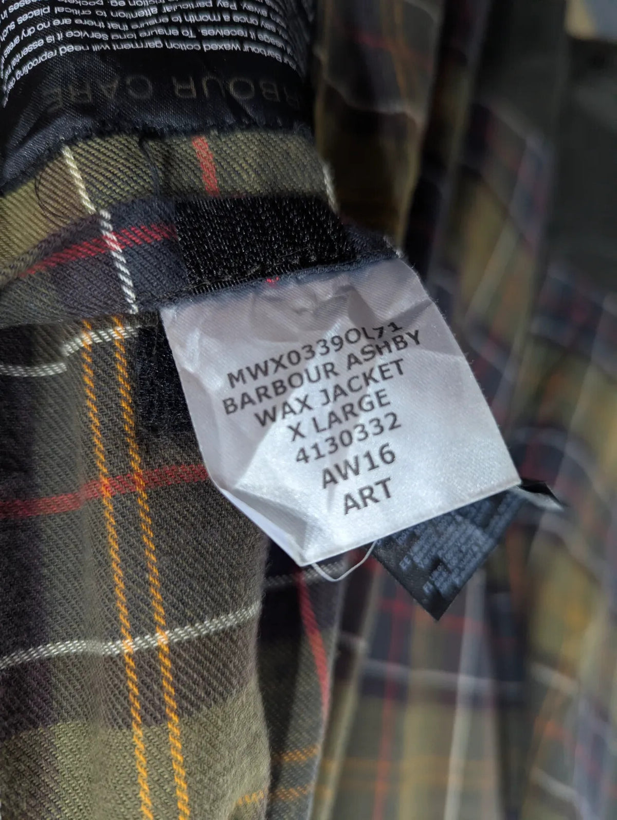 Barbour Ashby Wax Jacket Mens XL Green Cotton Tartan Lined Cord Collar England