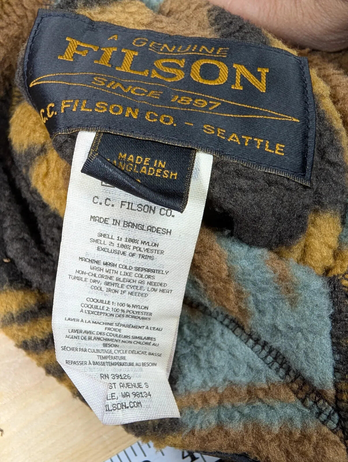 Filson Reversible Pile Fleece Jacket Mens Small Aztec Brown Khaki Full Zip USA