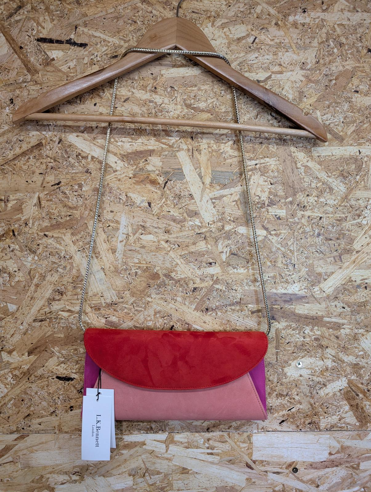 LK Bennett CU Florence Clutch Shoulder Bag Suede Leather Envelope Pink Red New
