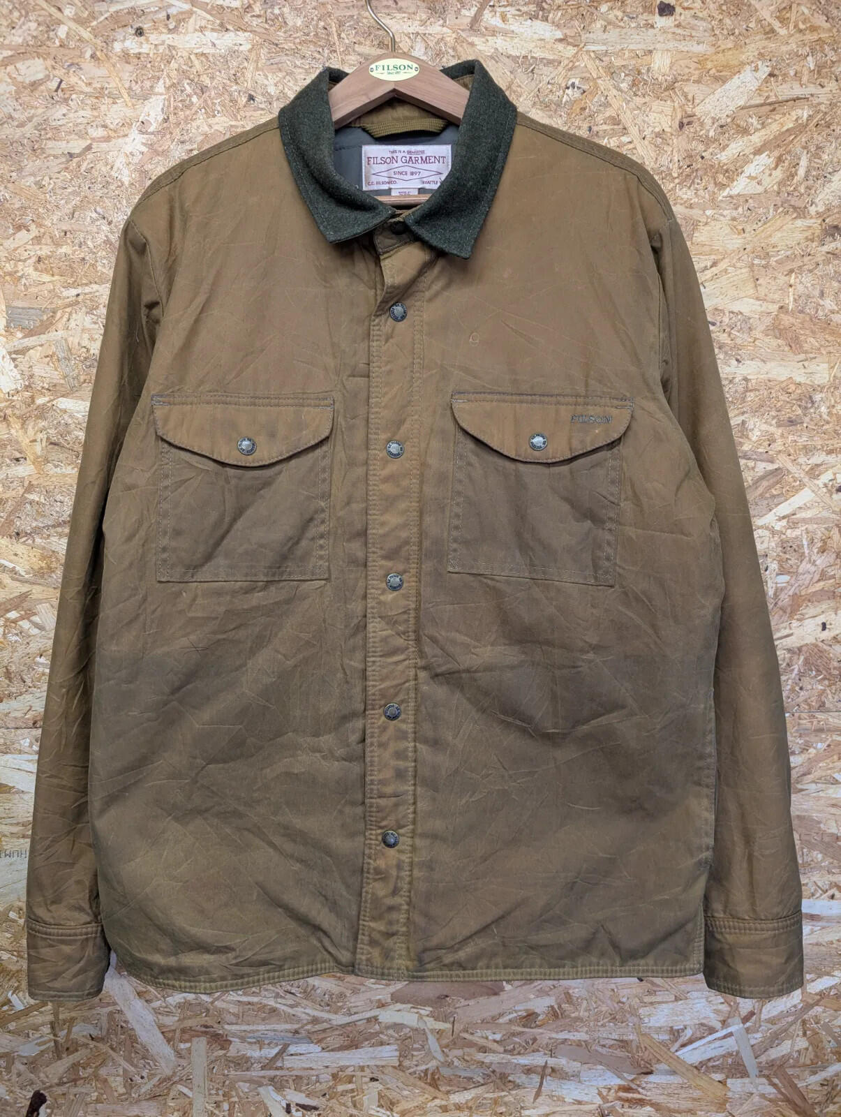 Filson Insulated Jac-Shirt Mens Large Brown Waxed Jacket Snap Padded  Lined Wool