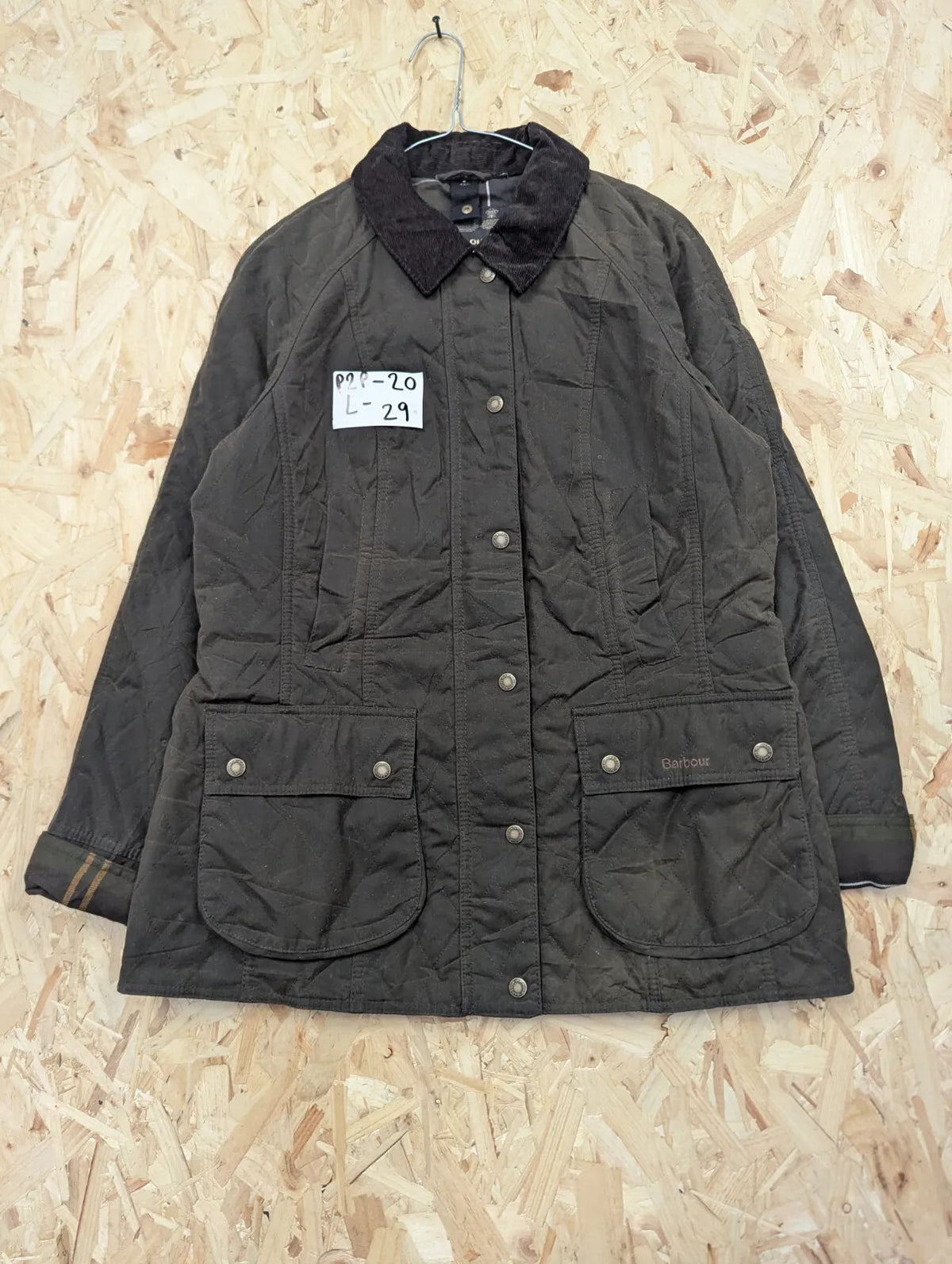 Barbour Gibbon Wax Jacket Womens UK12 Green Quilted Tartan Padded Cord Collar
