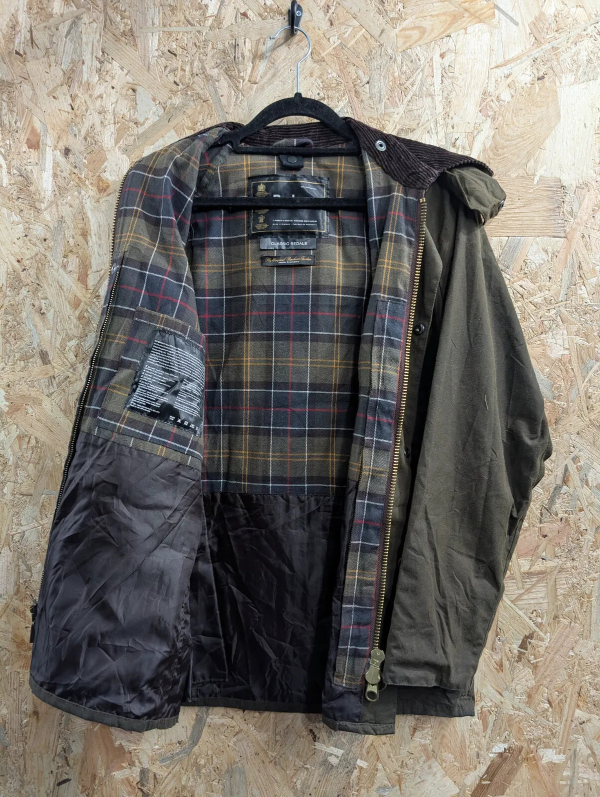 Barbour Classic Bedale Wax Jacket Mens Small Olive Green Cotton Cord Collar