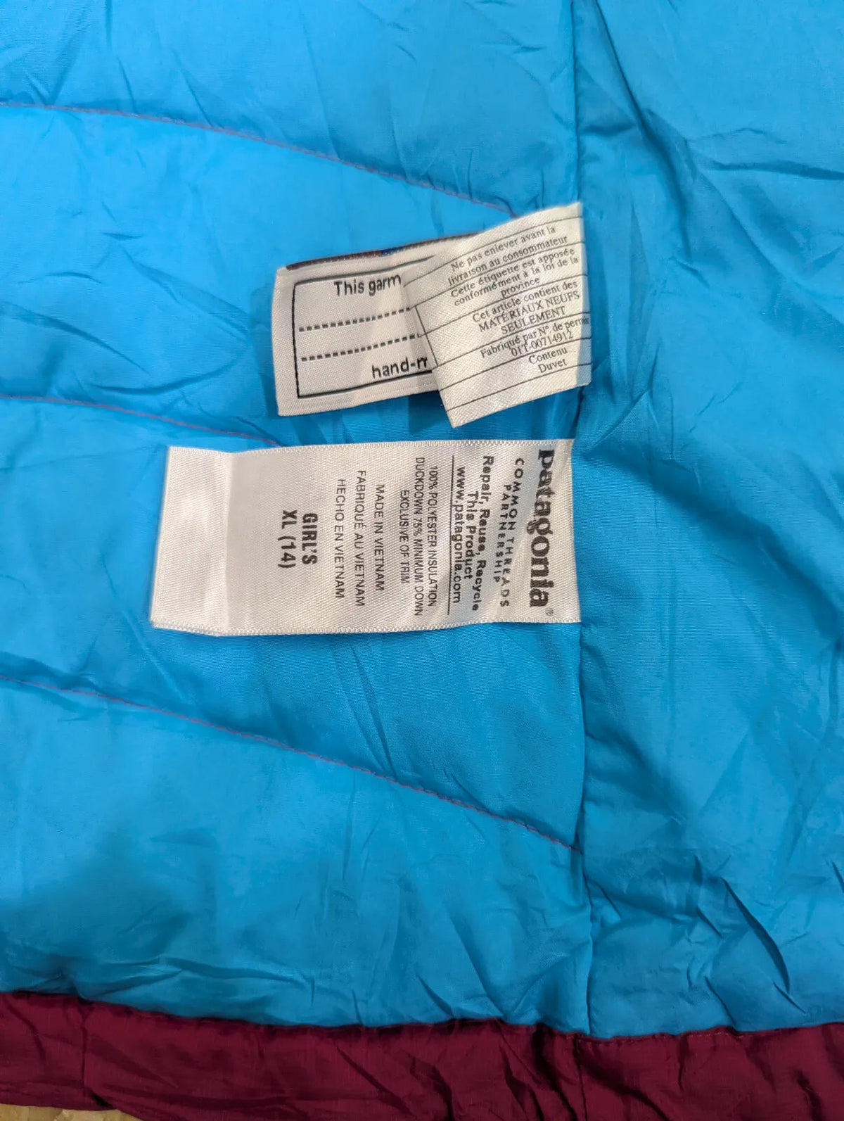 Patagonia Gilet Girls XL Age 14 Burgundy Duck Down Quilted Body Warmer Vest