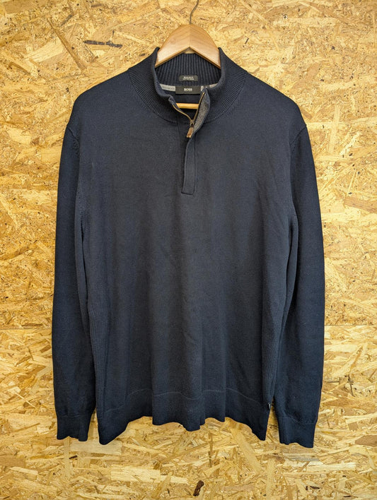 Hugo Boss Navy Blue Mens XL Sweater Cotton Wool Collared 1/4 Zip