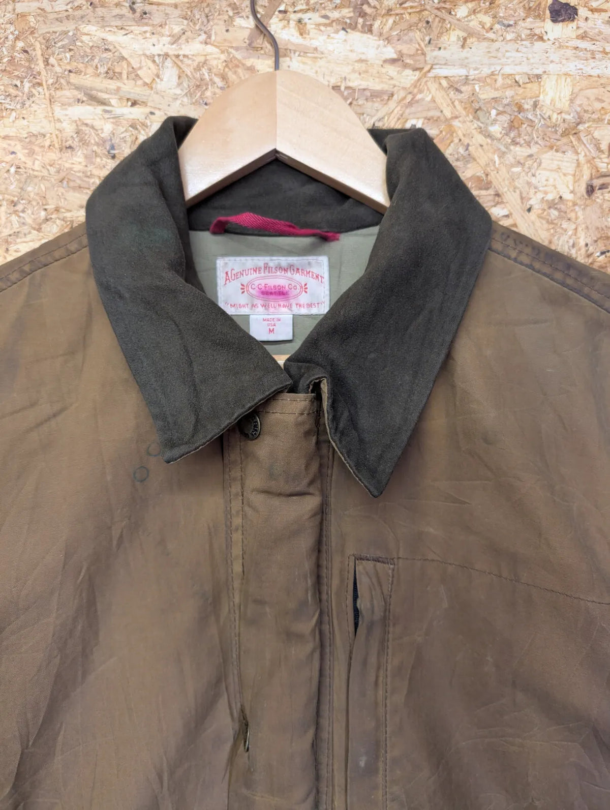 Filson Cover Cloth Mile Marker Coat Mens M Brown Zip 10409 USA Made Lined Wax