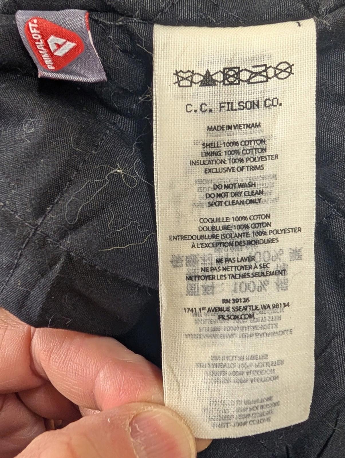 Filson Insulated Tin Cloth Work Vest Large Men Quilted Padded Workwear Black