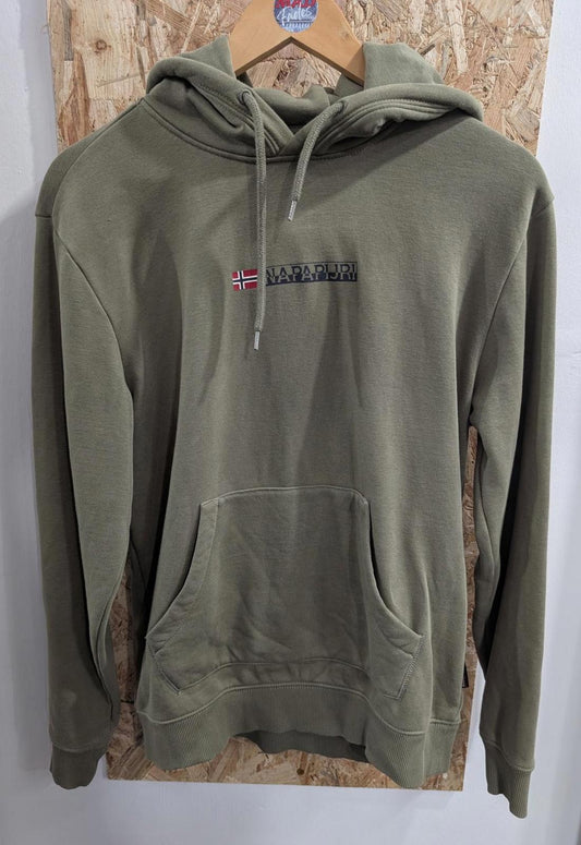 Napapijri Hoodie Mens Size Small Khaki Green Printed Chest Logo Patch VGC