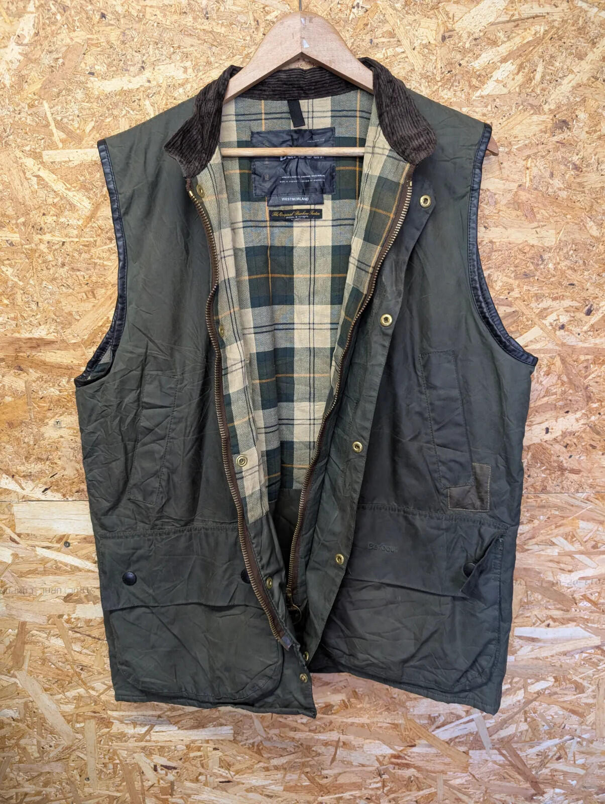 Barbour Westmorland Waxed Gilet Mens Large Olive Green Vest Tartan Bodywarmer