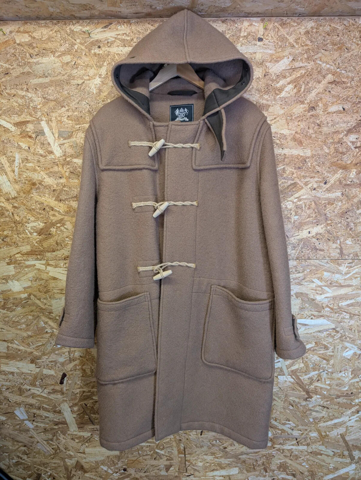 Gloverall Monty Duffle Coat L Brown Wool Hood Toggle Long Heavy Classic England