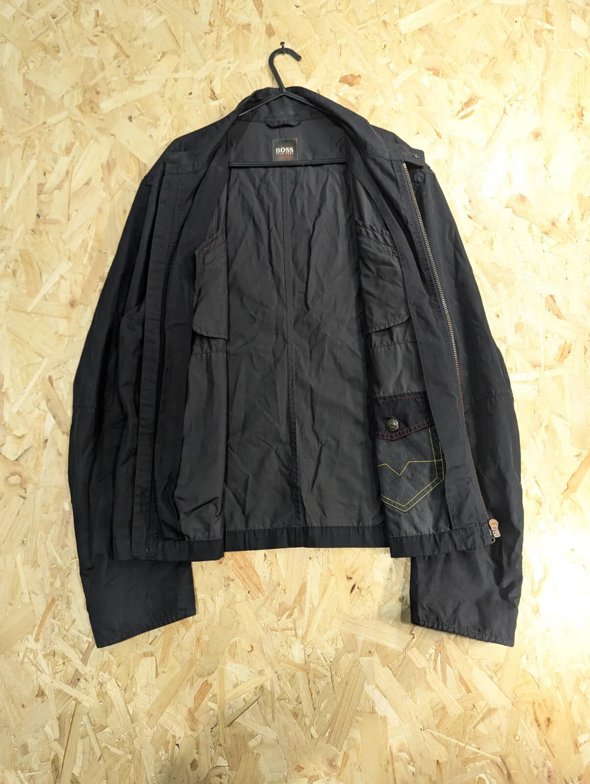 Vintage Hugo Boss Orange Bomber Jacket Mens Black Medium Collar Lightweight Y2K