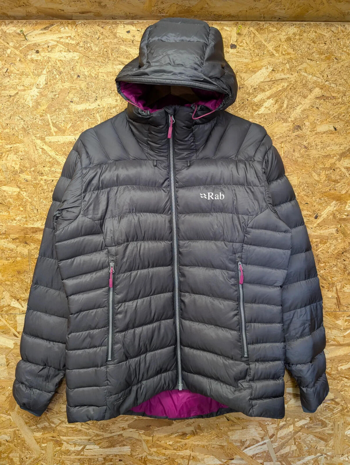 Rab Electron Puffer Jacket Womens Size 14 Charcoal Nikwax Hydrophobic Down Hood