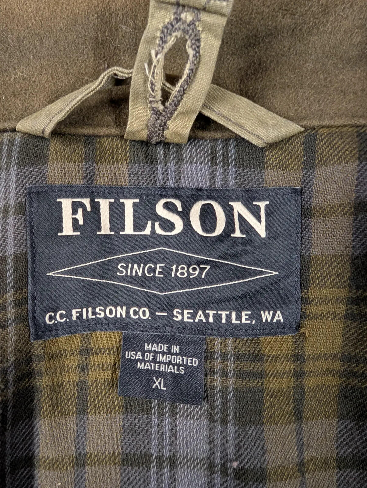 Filson Cover Cloth Mile Marker Coat Mens XL Wax Cotton Jacket Olive Tin USA Oil